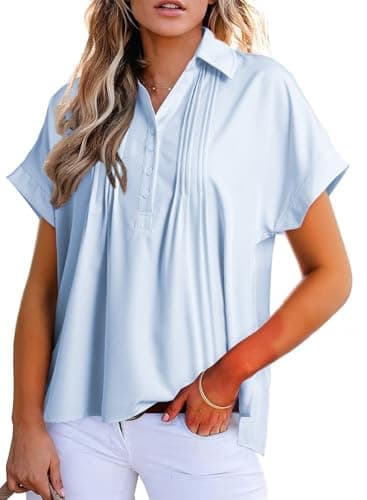 Dokotoo Plus Size Tops for Women Dressy Casual Chiffon Blouse Short Sleeve Shirts for Women Collared V Neck Work Office Button Down Shirt Solid Color Loose Fit T-Shirts Sky Blue Polo Shirts XX-Large - Image 1