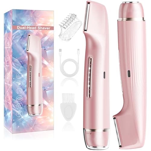 Bikini Trimmer for Women 2 in 1, Dual Head Womens Electric Shaver, Electric Razors for Pubic Hair, IPX7 Waterproof Rechargeable Facial Hair Removal for Shaving Underarm Leg Arm Face Body,Rose Gold