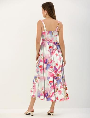 ZAFUL Women Summer Dress Square Neck Floral Midi Dress Corset Flowy A Line Wedding Guest Dresses with Pockets Pink Floral S - Thumbnail 3