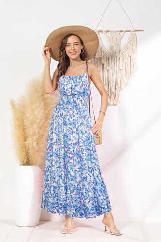 Women's 2025 Summer Floral Boho Dress Square Neck Strapped Swing A Line Beach Long Maxi Dress with Pockets Blue Floral L - Thumbnail 2