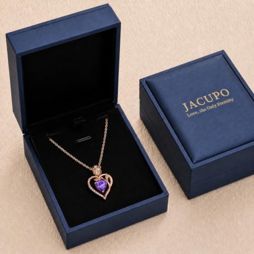 JACUPO Heart Birthstone Rose Gold Necklace for Women(Rose Gold-02-Amethyst) - Thumbnail 6