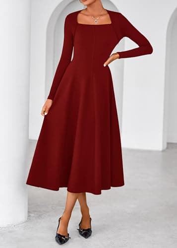 Lazysmile Long Sleeve Fall Dresses for Women Square Neck A Line Flowy Casual Elegant Wedding Guest Party Maxi Dress Wine Red - Thumbnail 6