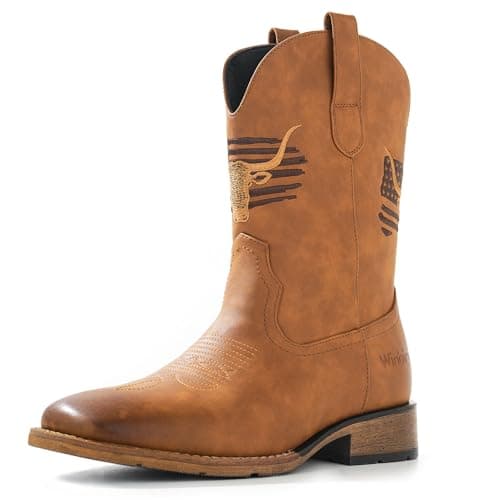 MacePhenoMelon Cowboy Boots For Men Square Toe Black Western Men's Boots Vegan Leather Retro Pull On Country Short Boots TUR-8.5 - Image 1