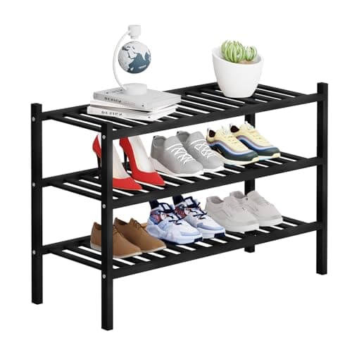 Buymoth 3 Tier Bamboo Shoe Rack Storage Organizer for Closet, Multifunctional Stackable Free Standing Shoe Shelf Organizer for Small Space,Entryway,Hallway,Bathroom 27"x11"x20" (Black, 3 Tier)