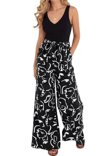 BTFBM Two Piece Sets For Women Summer 2026 Spring Outfits Casual Sleeveless Wide Leg Pants Sets Beach Vacation Clothes(Floral Black White, Small) - Image 1