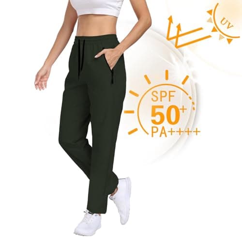Womens Hiking Pants Water Resistant Quick Dry UPF 50+ Cargo Zipper Pockets Sweatpants Elastic Waist Drawstring Lightweight Work Casual Outdoor Army Green M - Thumbnail 6