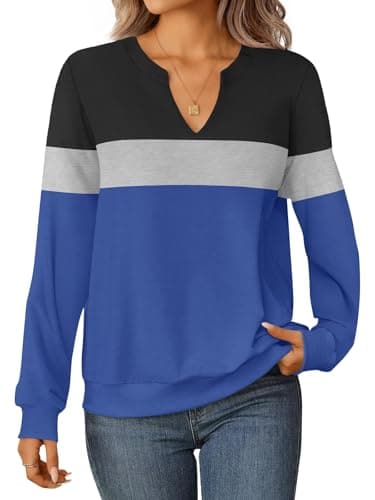 GKBK Womens Sweatshirts Long Sleeve Fall Tops Lightweight Color Block V Neck Cute Loose Casual Pullover - Image 1