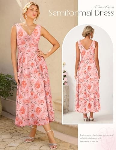 GRACE KARIN Women's Summer Sleeveless Maxi Dress V Neck Floral Wedding Guest Dress Beach Vacation Clothes Orange Floral 2XL - Thumbnail 5