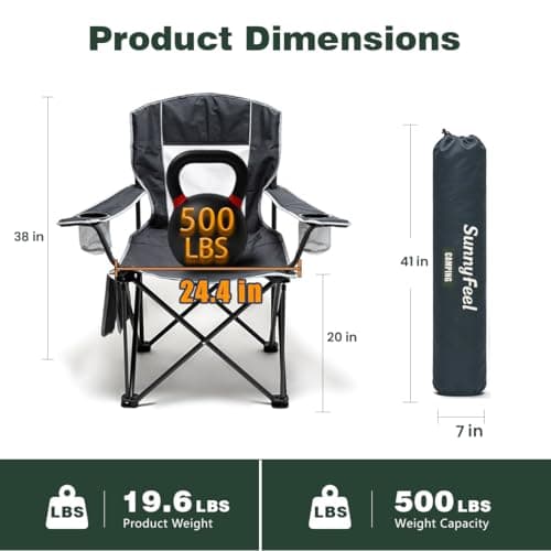 SUNNYFEEL Camping Chairs for Adults, Oversized Camping Chair Heavy Duty 500LBS, Portable Lawn Chair with Cup Holder, Side Pocket&Bag for Outdoor Camping/Beach/Picnic/Fishing, Grey - Thumbnail 2