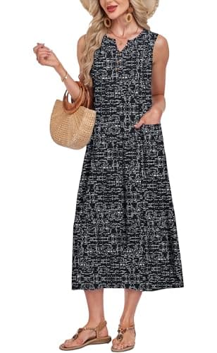 MOLERANI Casual Dresses for Women with Pockets V Neck Midi Dress Button Down Loose Fit Airy Summer Dress, Ink Silver Flash, L - Thumbnail 2