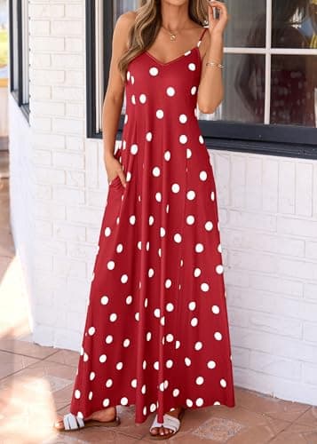 KIRUNDO Polka Dot Dress for Women Summer 2026 Sleeveless Spaghetti Strap Beach Vacation Cruise Boho Long Flowy Maxi Dresses(Red, X-Large) - Thumbnail 5