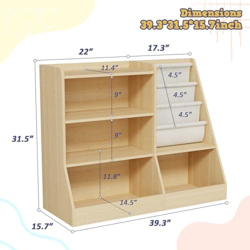 IKALIFE 39" Large Kids Wooden Bookshelf and Toy Storage Organizer, Baby Bookcase with Sling Book Rack, Children Toddler Wooden Book Shelf for kids rooms, Playroom, Classroom, Nursery, School (Natural) - Thumbnail 2