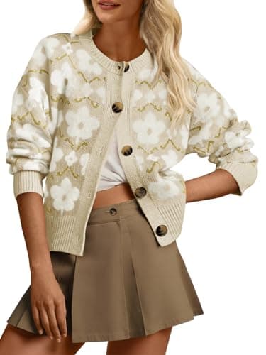Saodimallsu Womens Floral Cardigan Sweaters Classic Beige Flower Pattern Long Sleeve Open Front Button Up Sweater 2026 - Image 1
