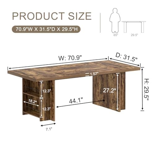 FOLUBAN Large Executive Office Desk, 70" Long Computer Desk with Side Storage Shelves, Vintage Wood Conference Table Workstation for Home Office, Two Person Gaming Study Writing Table, Rustic Brown - Thumbnail 2