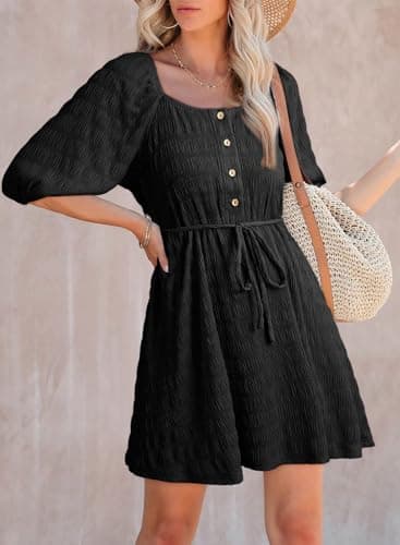 Dokotoo Dresses for Women 2026 Elegant Classy Fashion Embroidered Pleated Black Dress Tie Waist Square Neck Button Casual Beach Party Dress Short Sleeve Wedding Guest Dresses for Women X-Large - Thumbnail 6