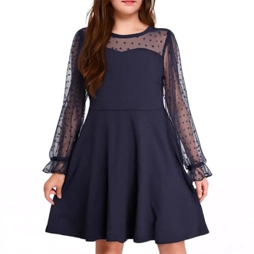Little Bitty Girls Polka Dot A-Line Midi Dress with Pockets, Contrast Mesh Long Sleeve Sweetheart Neckline Navy Blue 10-11Y - Image 1
