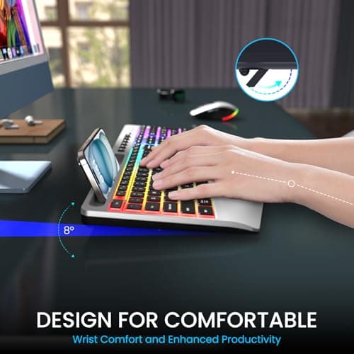 Silver Wireless Keyboard and Mouse Combo - Dual System RGB Backlit Mouse and Keyboard Advanced Optical Tracking, Lag-Free Wireless,Ergonomic Keyboard, 90% Less Noise Silver-V1 - Thumbnail 3