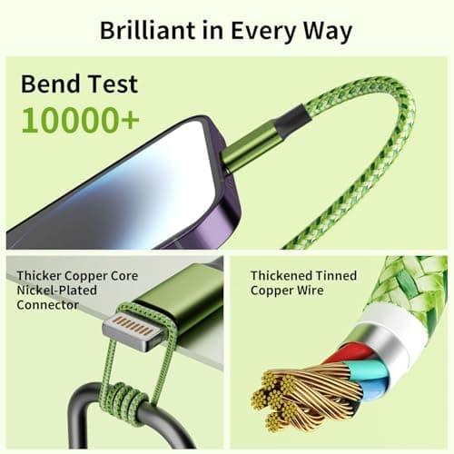 Travel Essentials, Dual Type-C 4 in 1 Charging Cable 2 Pack 5FT Multi Charging Cables for All Devices,iPhone Charger Cord Adapter 2 USB-C/IP/Micro Port for Phones,Pad,Galaxy (Fluorescent green) - Thumbnail 3