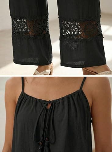 Dokotoo Matching Sets Women Clothing Summer Casual Spaghetti Strap Tank Tops and Wide Leg Lace Pants Set with Pockets Going Out Resort Wear Black X-Large - Thumbnail 5