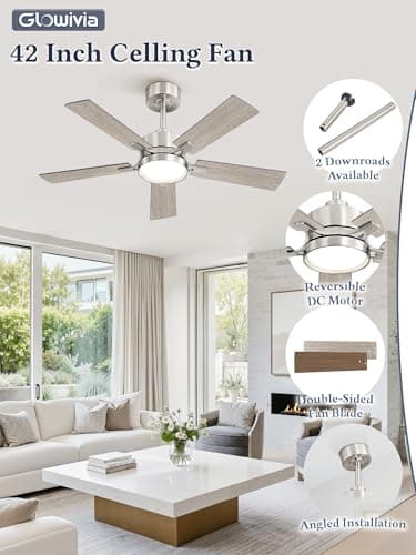 Glowivia 42 Inch Ceiling Fan with Lights and Remote, Smart APP Control, Dimmable with All-Setting Memory, Quiet DC Motor Reversible Blades, Damp Rated Modern Ceiling Fan for Bedroom Patio Living Room - Thumbnail 5