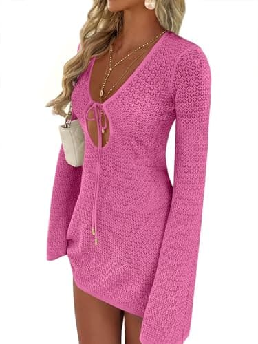 ANRABESS Women’s Crochet Swimsuit Cover Up, V Neck Mesh Knit Beach Dress, Long Sleeve Summer Vacation Beachwear Large Hot Pink - Image 1