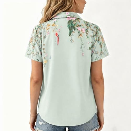 Chicwave Women's Short Sleeve Button Down Shirt, Collared V Neck Floral Print Blouse, Lightweight Casual Work Top for Travel, Vacation, Daily Wear, Light Green - Thumbnail 3