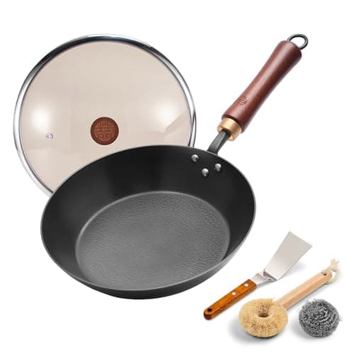 WANGYUANJI 10.2" Iron Skillet with Glass Lid & Spatula, Flat-Bottom Hand-Hammered Frying Pan, Uncoated & Unseasoned Small Iron Wok for Induction, Gas & Electric Stoves - Image 1