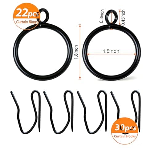Curtain Rings with Eyelets, Metal Curtain Hooks for Drapes, Drape Ring 1.5 in Inner Diameter Fits Up to 1 1/4 inch Curtain Rod, 1.2 in Drapery Pins (22 Pcs Black Curtain Rings and 30 Pcs Black Hooks) - Thumbnail 2