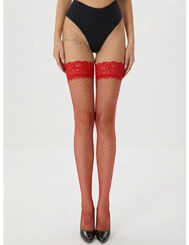 Avidlove Sheer Thigh Highs Stockings for Women Lace Top Fishnet Tights Sexy Lingerie Pantyhose Red 2 Pairs - Thumbnail 4