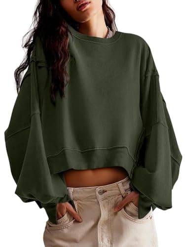 ALPSWARE Womens Cropped Sweatshirt Long Sleeve Tops Crewneck Loose Tee Fall Pullover Crop Side Slit Casual Army Green L - Image 1