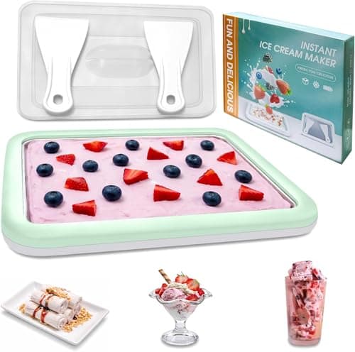 Rolled Ice Cream Maker 10.24'' x 8.24'' w/Lid and 2 Spatulas, SUS 304 Home DIY Instant Ice Cream Tray for Soft Serve, Slushies, Frozen Yogurt, Sashimi Plate, Fun Family Activities, Parent-Child Time - Image 1