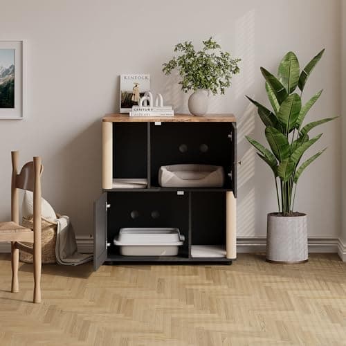 Garvee Cat Litter Box Enclosure for 2 Cats, Double Hidden Litter Box Furniture Cabinet with 2 Scratch Mat and Scratch Post, Modern Farmhouse Wooden Enclosed Cat Washroom, End Side Table - Thumbnail 4