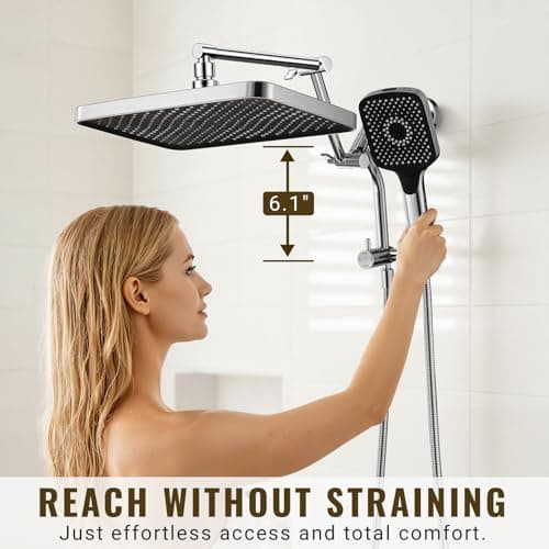 13-Inch Shower Heads with Multi-Function Handheld Sprayer Combo, 3-Way Metal Extended Diverter with Holder and Metal Adjustable Shower Extension Arm, Extra Long Hose(Chrome) - Thumbnail 3