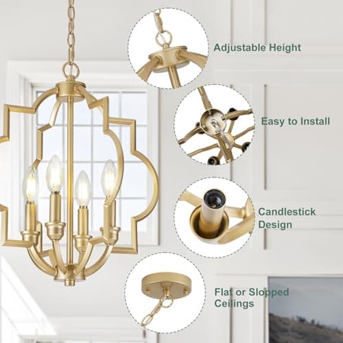 ACANER 4-Light Small Gold Chandelier, 15.6 inch Farmhouse Light Fixtures for Dining Room, Champagne Gold Pendant Light for Entryway Foyer Kitchen Island - Thumbnail 2