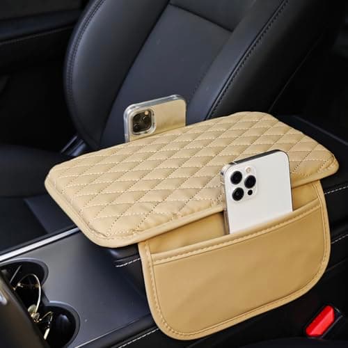 XUPEIXUN Car Center Console Cover,Microfiber Leather Car Armrest Cover Cushion with Storage Bags, Universal Car Armrest Storage Box Car Interior Accessories for Most Vehicles, Beige