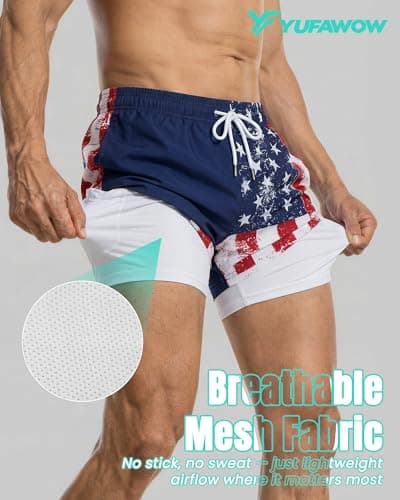9 Inch 9in Men Swim Trunks Compression Liner Quick Dry Drawstring Male Swimwear Swimsuit Swimtrunks Boardshorts Bathing Suit Fair Beach Water Shorts Mesh Pocket Lined Inseam Harbor American - Thumbnail 4