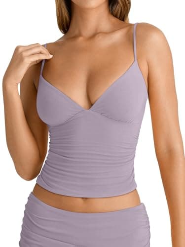 PINKMSTYLE Women's Summer Deep V-Neck Ruched Crop Tank Top Sexy Sleeveless Double Lined Crop Top Lavender Large - Thumbnail 2