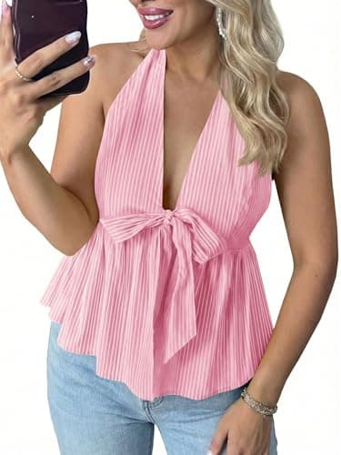 Tankaneo Womens Striped V Neck Halter Tops Babydoll Summer Bow Tie Front Backless Shirts Peplum Y2k Going Out Tank Tops Light Pink - Image 1