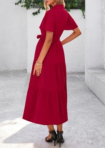 KIRUNDO Summer Button Down Wedding Guest Shirt Dresses for Women Maxi Flutter Short Sleeve Flowy Tiered Beach Sun Dress(Wine Red, Medium) - Thumbnail 2
