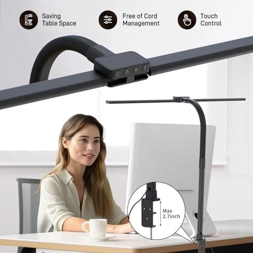 LED Desk Lamp for Home Office, Eye-Caring Desk Light with Clamp, 15W Double Head Architect Task Lamp Stepless Dimming, Flexible Gooseneck Bright Table Lamp for Study Reading Workbench Drafting - Thumbnail 5
