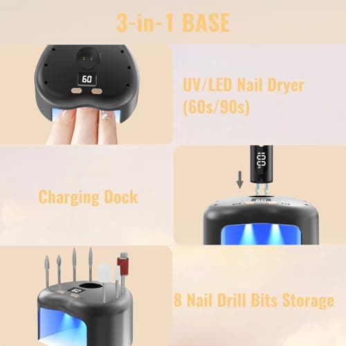 Denabuty Cordless Electric Nail Drill File: 35000RPM Professional Nail Drill Machine with UV LED Nail Lamp Charging Base, Manicure Pedicure Kit E File for Acrylic Gel Dip Powder Polish Black - Thumbnail 4