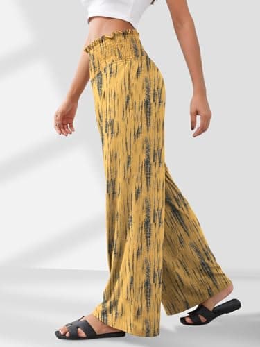 GEMLON Womens Wide Leg Pants High Waisted Palazzo Pants Summer Flowy Lounge Boho Pants with Pockets Yellow Print M - Thumbnail 3