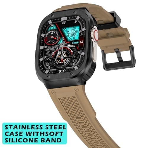 Deczone Band with Stainless Steel Case Compatible with Apple Watch Series Ultra 1 2 3 49mm Band, iwatch Bands Rugged Metal Protective Cover for Men (Tan) - Thumbnail 2