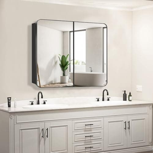 FOMAYKO Bathroom Medicine Cabinet with 30"x26" Black Stainless Steel Framed Mirror,Recessed or Surface Mounted Bathroom Mirror Cabinet,Storage Cabinet with Double Door - Thumbnail 2