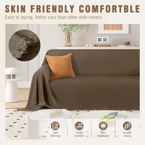 TAOCOCO Couch Covers for Pets Heavy Duty Couch Cover for 2 Cushion Couch Sectional Sofa Covers Durable Throw Couch Cover for Dogs, Kids, Washable Sofa Slipcovers with Tassels (71''x102'' Brown) - Thumbnail 6