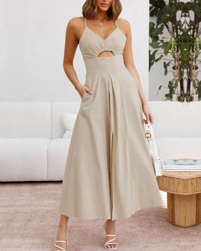 BTFBM Women 2026 Spaghetti Strap Midi Summer Dresses Sleeveless V Neck Cutout Slit Casual Beach Party Maxi Dress Pockets(Apricot, X-Large) - Thumbnail 2