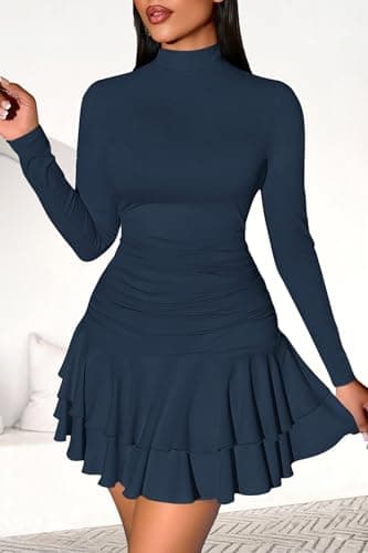 PRETTYGARDEN Women's Fall Long Sleeve Dresses 2026 Mock Neck Ruched Y2K Clothes Ruffle Layered Bodycon Mini Party Dress(Navy Blue,Medium) - Thumbnail 6