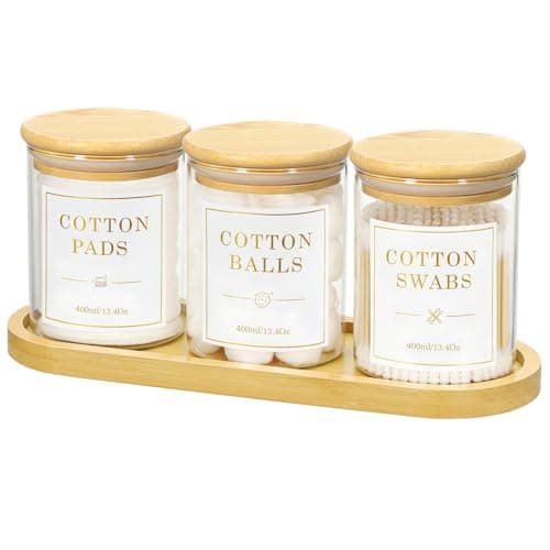 Luxspire Glass Qtip Holder with Vanity Tray, 3 Pack Cotton Swab Holder with Bamboo Lid, 13.4 oz Glass Apothecary Jars Bathroom Accessories Canisters for Cotton Swabs, Balls, Pads, Floss Picks