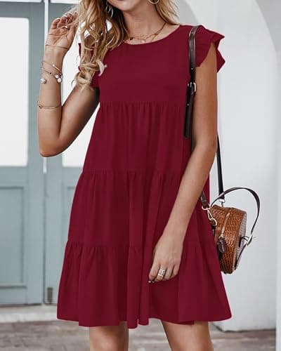 KIRUNDO Wedding Guest Dresses for Women Short Summer Sleeveless Ruffle Sleeve Round Neck Loose Short Flowy Pleated Tiered Mini Dress(Wine Red, Large) - Thumbnail 2