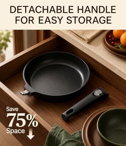USELUCK 9.5 Inch Nonstick Frying Pan with Detachable Handle, Non Toxic Ceramic Skillet for Cooking, Induction Cookware with Removable Handle, Dishwasher & Oven Safe, PFAS PFOA & PTFE Free, Black - Thumbnail 3